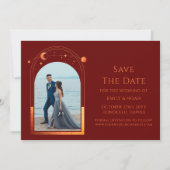 Mystical Chic Red Orange Star Moon Foto Space Save The Date (Vorderseite)
