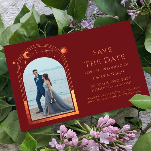 Mystical Chic Red Orange Star Moon Foto Space Save The Date