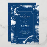 Mystical Crescent Moon Starry Night Boho Wedding Folieneinladung<br><div class="desc">Stellen Sie sich vor, Sie würden Einladungen für eine Hochzeit senden, die nicht nur Ihren besonderen Tag verkünden, sondern auch den Ton für eine bezaubernde Feier Set geben. Diese blaue und silberne Hochzeitseinladung ist ein prächtiges Meisterwerk, das das Geheimnis und die Schönheit des Nachthimmels einfängt und Ihren Gästen ein Ereignis...</div>