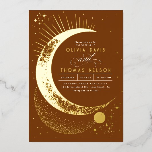 Mystical Crescent Moon Starry Night Boho Wedding Folieneinladung (Vorderseite)
