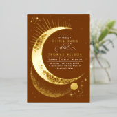 Mystical Crescent Moon Starry Night Boho Wedding Folieneinladung (Stehend vorne)