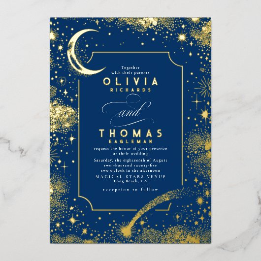 Mystical Crescent Moon Starry Night Boho Wedding Folieneinladung (Vorderseite)