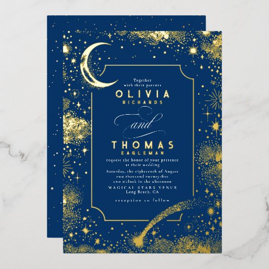 Mystical Crescent Moon Starry Night Boho Wedding Folieneinladung (Vorderseite/Rückseite)