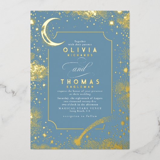 Mystical Crescent Moon Starry Night Boho Wedding Folieneinladung (Vorderseite)