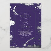 Mystical Crescent Moon Starry Night Boho Wedding Folieneinladung (Vorderseite)