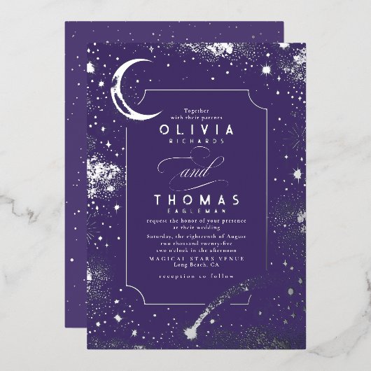 Mystical Crescent Moon Starry Night Boho Wedding Folieneinladung (Vorderseite/Rückseite)