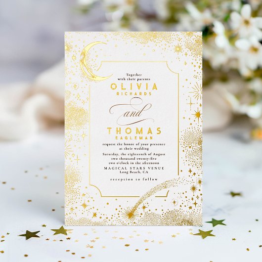 Mystical Crescent Moon Starry Night Boho Wedding Folieneinladung