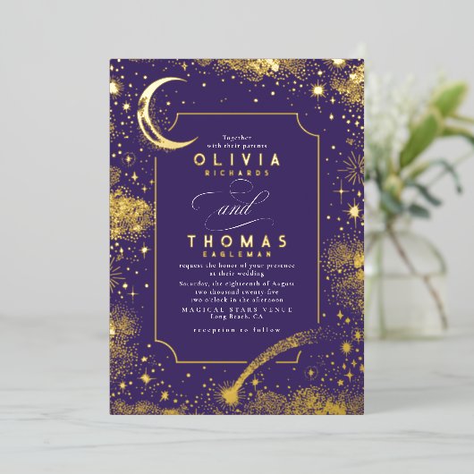 Mystical Crescent Moon Starry Night Boho Wedding Folieneinladung (Stehend vorne)