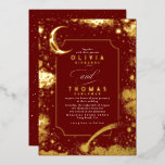Mystical Crescent Moon Starry Night Boho Wedding Folieneinladung<br><div class="desc">Burgunder Rot romantische Sternennacht und Mondfeier</div>
