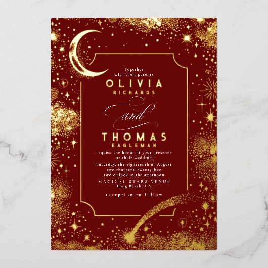 Mystical Crescent Moon Starry Night Boho Wedding Folieneinladung (Vorderseite)