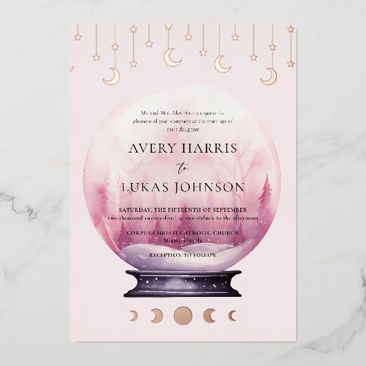 Mystical Crescent Moon Wedding Folieneinladung (Vorderseite)