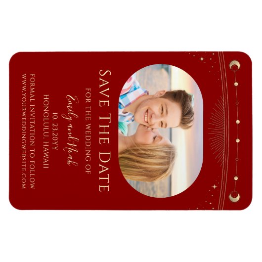 Mystical Dark Red Gold Sun Moon Stars Celestis Magnet (Horizontal)