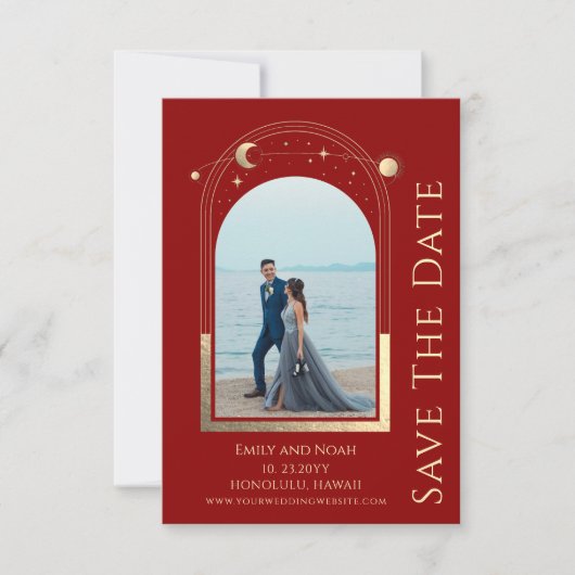 Mystical Dark Red Gold Sun Moon Stars Celestis Save The Date (Vorderseite)
