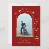 Mystical Dark Red Gold Sun Moon Stars Celestis Save The Date (Vorderseite)