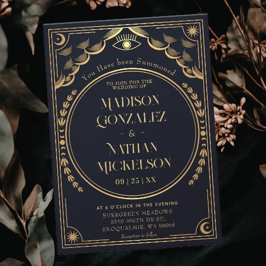 Mystical Elegant Gold Navy Tarot Gothic Wedding Einladung