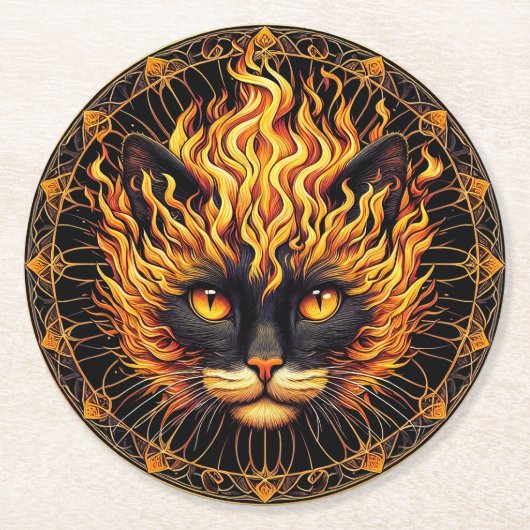 Mystical Fire Cat Mandala Design Runder Pappuntersetzer (Vorderseite)