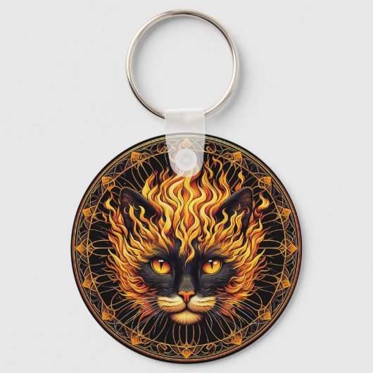 Mystical Fire Cat Mandala Design Schlüsselanhänger (Vorderseite)