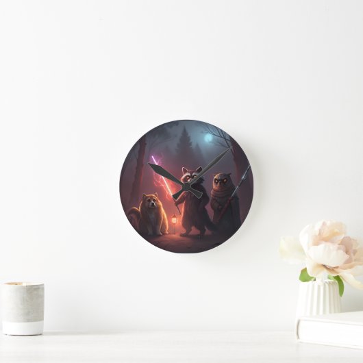Mystical Forest Battle Animals Art Runde Wanduhr (Zuhause)