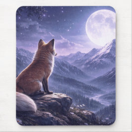 Mystical Fox & Giant Moon Snowy Mountain Peaks Mousepad