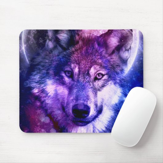 Mystical Galaxy Wolf-Gesicht mit Vollmond Mousepad (Mit Mouse)