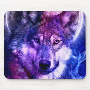 Mystical Galaxy Wolf-Gesicht mit Vollmond Mousepad