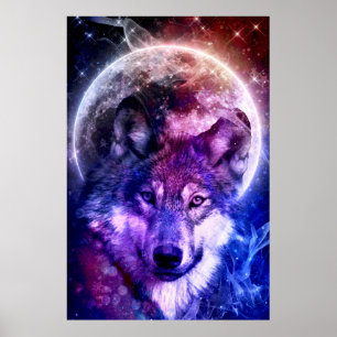 Mystical Galaxy Wolf-Gesicht mit Vollmond Poster
