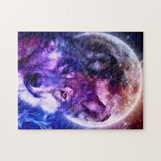 Mystical Galaxy Wolf-Gesicht mit Vollmond Puzzle (Horizontal)