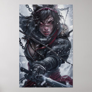 Mystical Girl Ninja mit Tigerzähne Kämpfen in C Poster