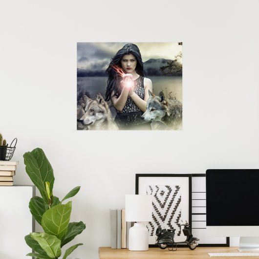 Mystical Girl with Fire Ball and Wolves Poster (Heimbüro)