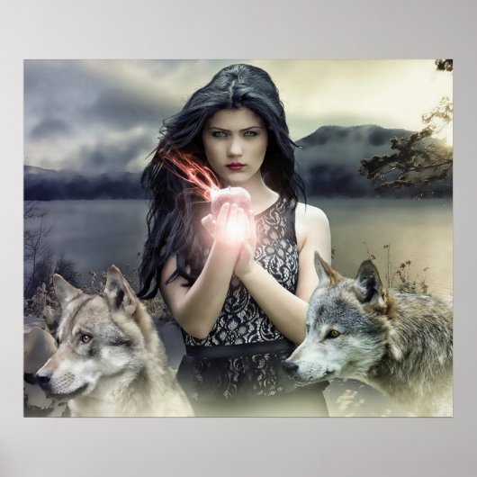 Mystical Girl with Fire Ball and Wolves Poster (Vorne)