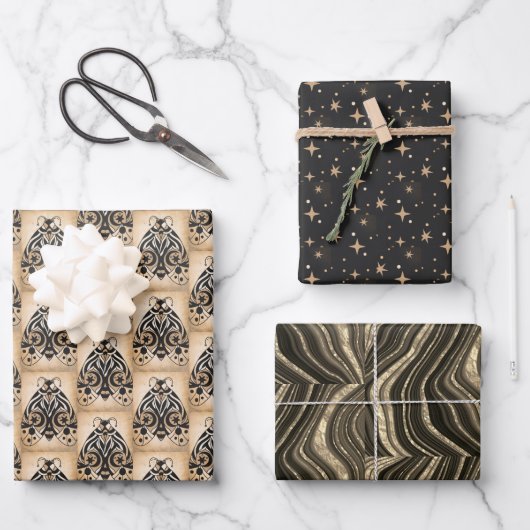 Mystical Gold Black Stars Marmor Jeden Anlaß Geschenkpapier Set (Vorderseite)