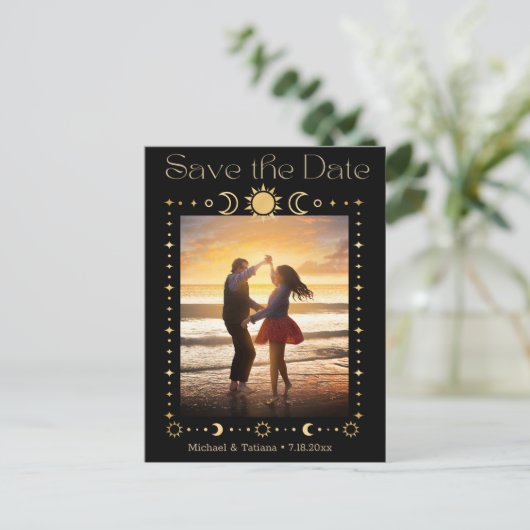 mystical gold script qr Foto Save the Date Ankündigungspostkarte (Stehend Vorderseite)