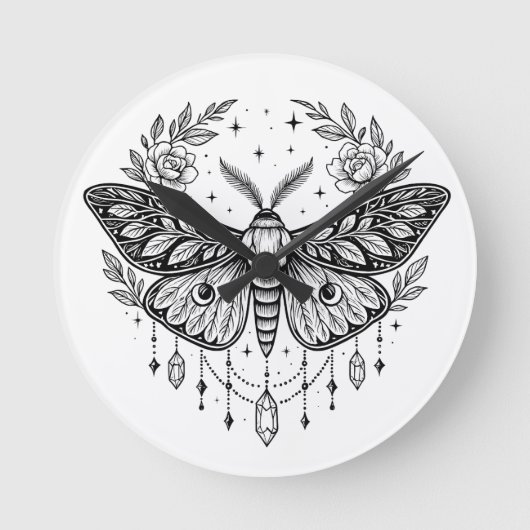 Mystical Gothic Moth Botanical Celestial Line Art Runde Wanduhr (Vorderseite)