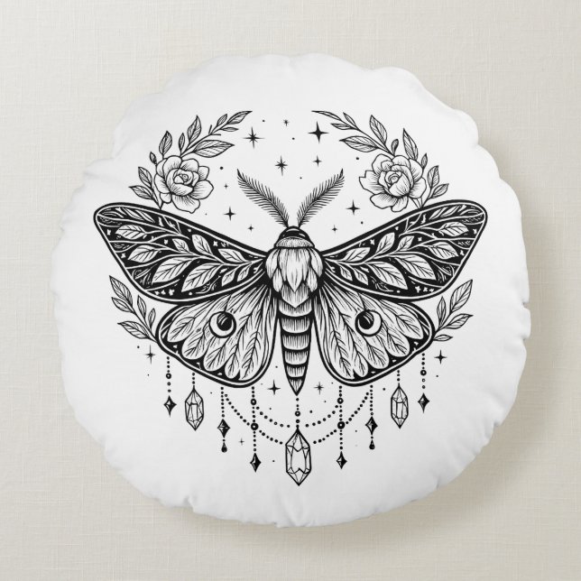 Mystical Gothic Moth Botanical Celestial Line Art  Rundes Kissen (Vorderseite)