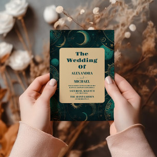 Mystical Green Gold Sun Moon Astronomie Weltraum H Einladung