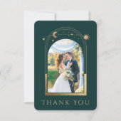 Mystical Green Gold Sun Moon Star Foto Wedding Dankeskarte (Vorderseite)