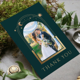 Mystical Green Gold Sun Moon Star Foto Wedding Dankeskarte