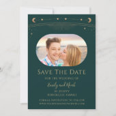 Mystical Green Gold Sun Moon Star Space Save The Date (Vorderseite)