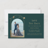 Mystical Green Gold Sun Moon Star Space Save The Date (Vorderseite)