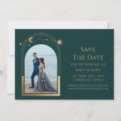 Mystical Green Gold Sun Moon Star Space Save The Date (Vorderseite)