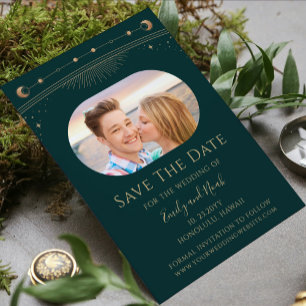 Mystical Green Gold Sun Moon Star Space Save The Date