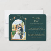 Mystical Green Gold Sun Moon Stars Foto Wedding Dankeskarte (Vorderseite)