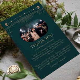 Mystical Green Gold Sun Moon Stars Foto Wedding Dankeskarte
