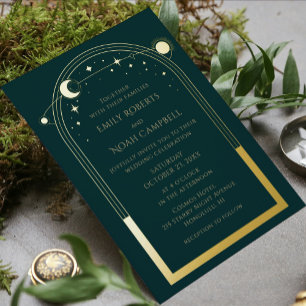 Mystical Green Gold Sun Moon Stars Foto Wedding Folieneinladung