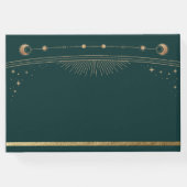 Mystical Green Gold Sun Moon Stars Hochzeit Gästebuch (Rückseite)