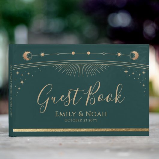 Mystical Green Gold Sun Moon Stars Hochzeit Gästebuch (InSitu Außen)