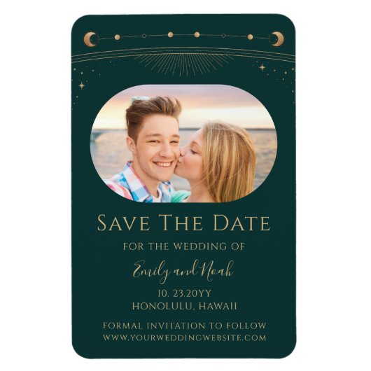 Mystical Green Gold Sun Moon Stars Save the Date Magnet (Vertikal)