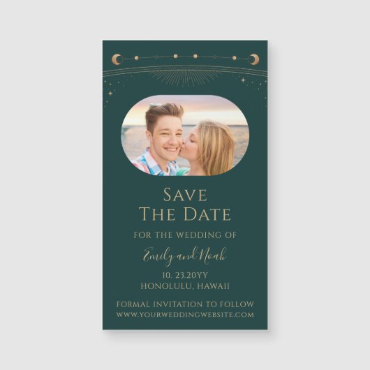 Mystical Green Gold Sun Moon Stars Save the Date Magnetkarte (Vorderseite)