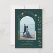 Mystical Green Gold Sun Moon Stars Space Save The Date (Vorderseite)