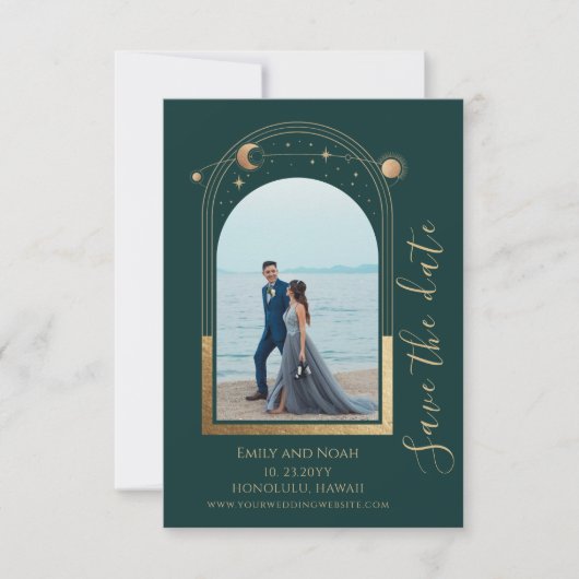 Mystical Green Gold Sun Moon Stars Space Save The Date (Vorderseite)
